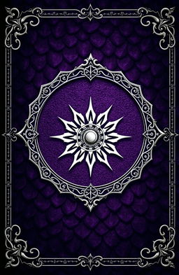 A fantasy art novel cover featuring a thin silver filigree border surrounding a background of dark purple dragon scales
