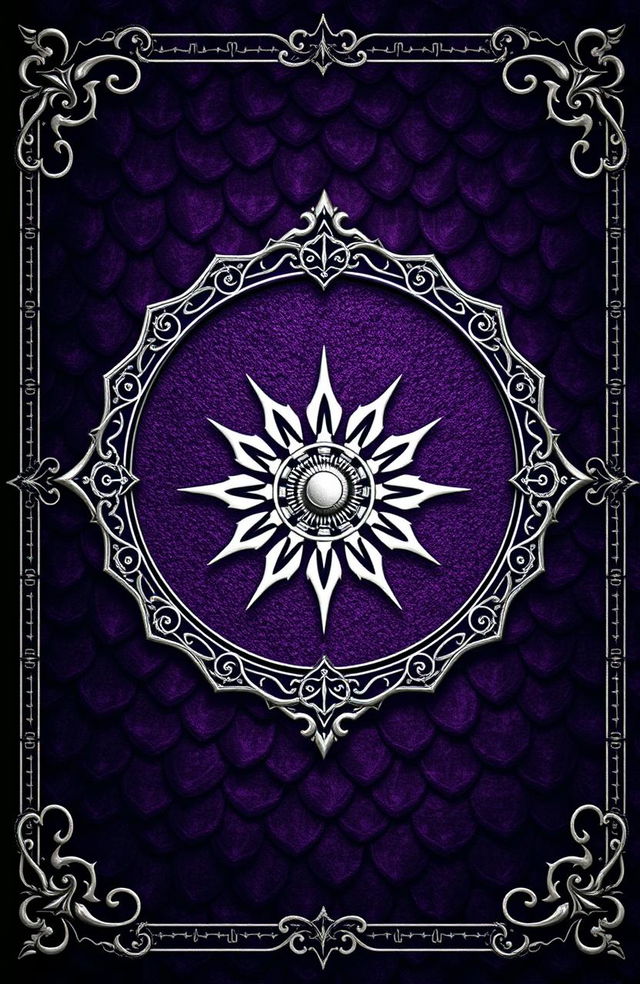 A fantasy art novel cover featuring a thin silver filigree border surrounding a background of dark purple dragon scales