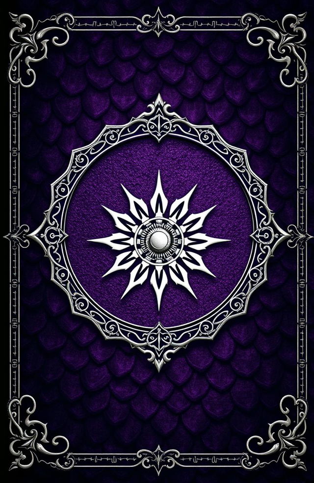 A fantasy art novel cover featuring a thin silver filigree border surrounding a background of dark purple dragon scales