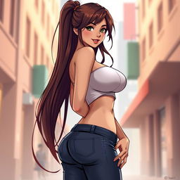 A realistic illustration of a hot female character, featuring long, flowing chestnut hair that cascades elegantly down her back