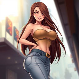 A realistic illustration of a hot female character, featuring long, flowing chestnut hair that cascades elegantly down her back