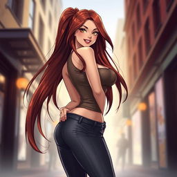 A realistic illustration of a hot female character, featuring long, flowing chestnut hair that cascades elegantly down her back