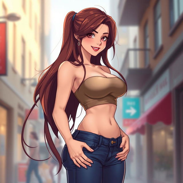 A realistic illustration of a hot female character, featuring long, flowing chestnut hair that cascades elegantly down her back