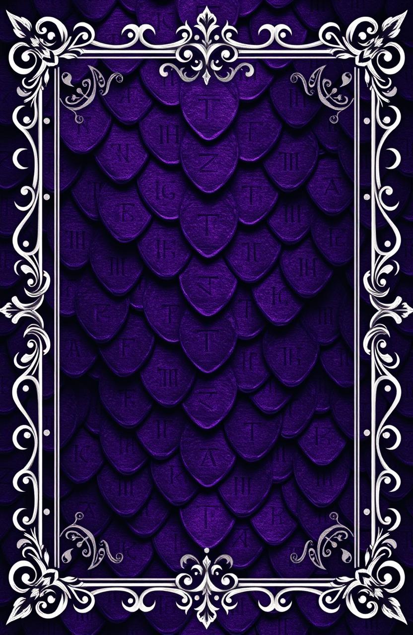 A fantasy art novel cover featuring a striking background of dark purple dragon scales, artistically adorned with intricate rune markings etched onto the scales