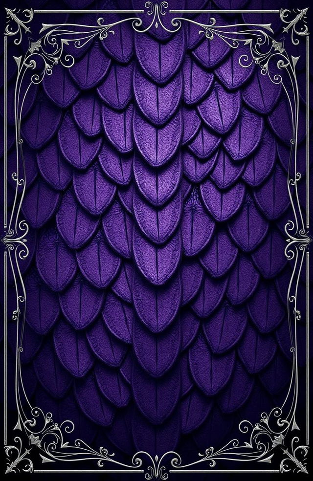 A fantasy art novel cover featuring a striking background of dark purple dragon scales, artistically adorned with intricate rune markings etched onto the scales