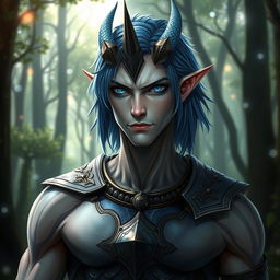 A male Au Ra with medium length blue hair, showcasing patches of blue scales on both sides of his head