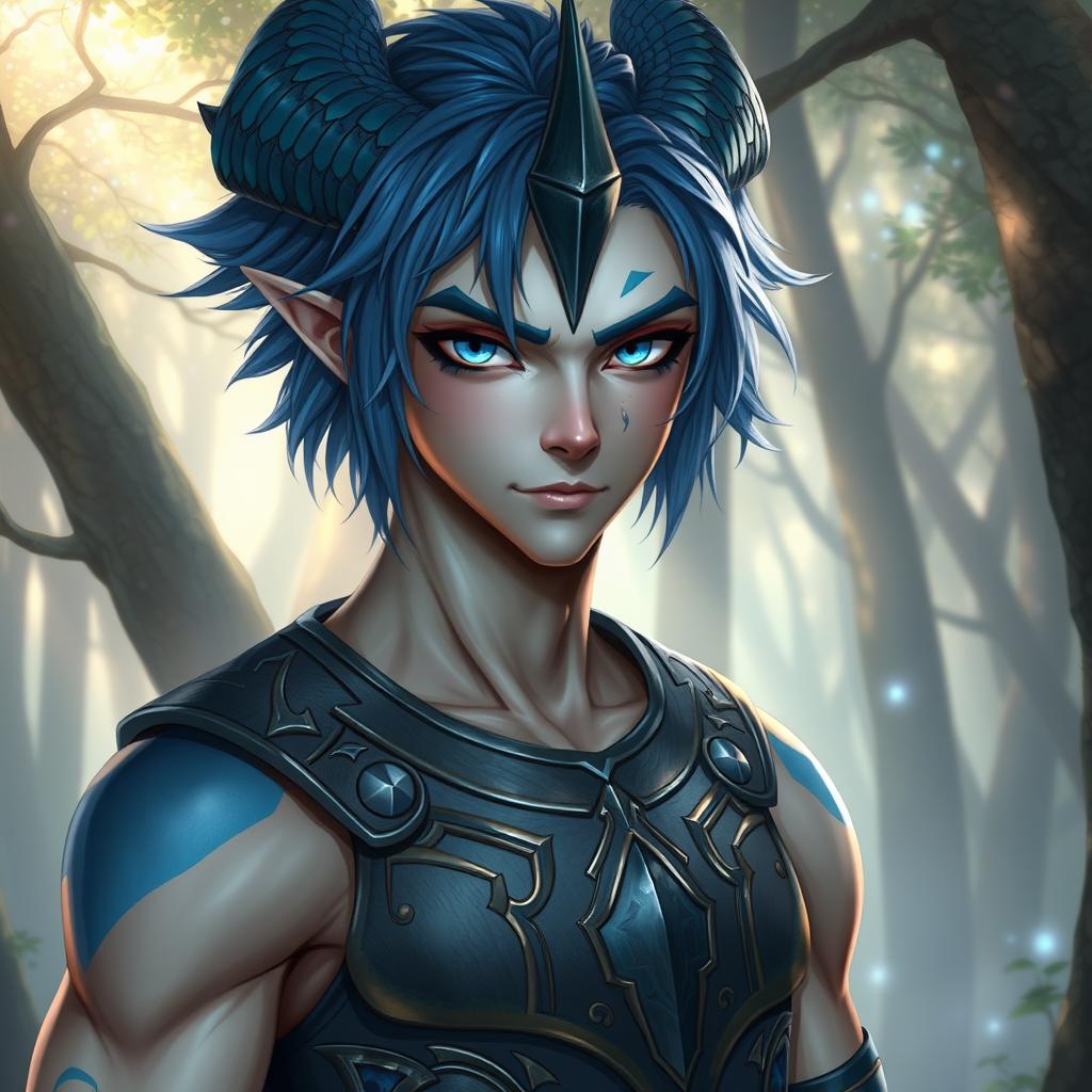 A male Au Ra with medium length blue hair, showcasing patches of blue scales on both sides of his head