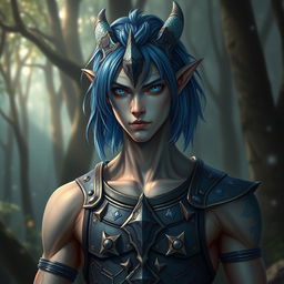 A male Au Ra with medium length blue hair, showcasing patches of blue scales on both sides of his head