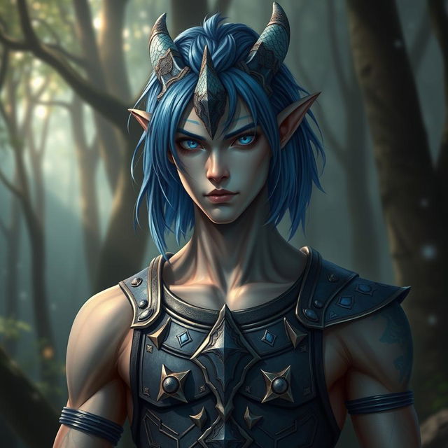 A male Au Ra with medium length blue hair, showcasing patches of blue scales on both sides of his head