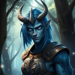 A male Au Ra with medium length blue hair, showcasing patches of blue scales on both sides of his head