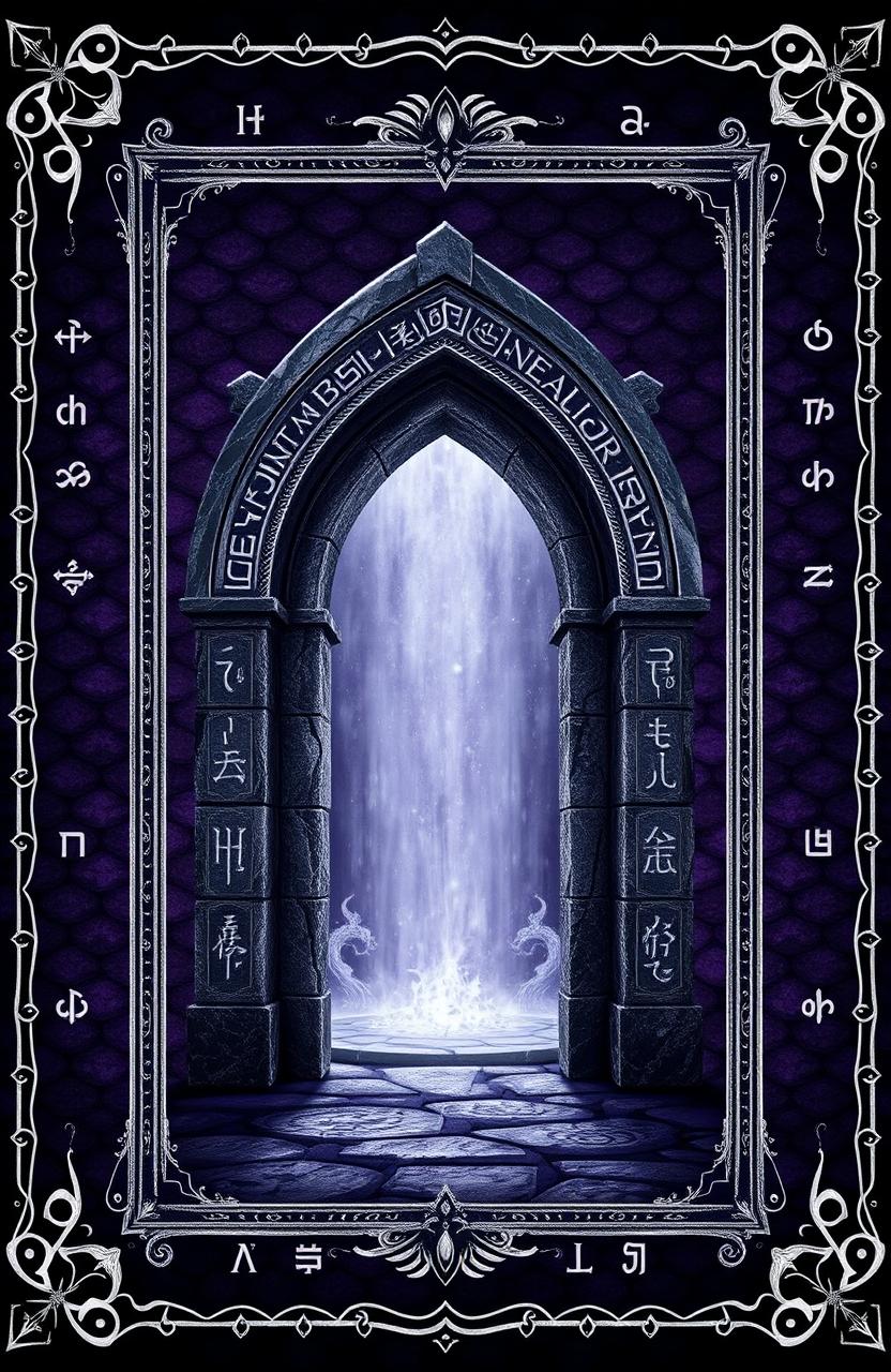 A fantasy art novel cover featuring a thin silver filigree border set against a dark purple background resembling dragon scales