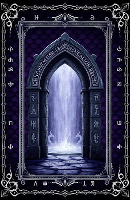 A fantasy art novel cover featuring a thin silver filigree border set against a dark purple background resembling dragon scales