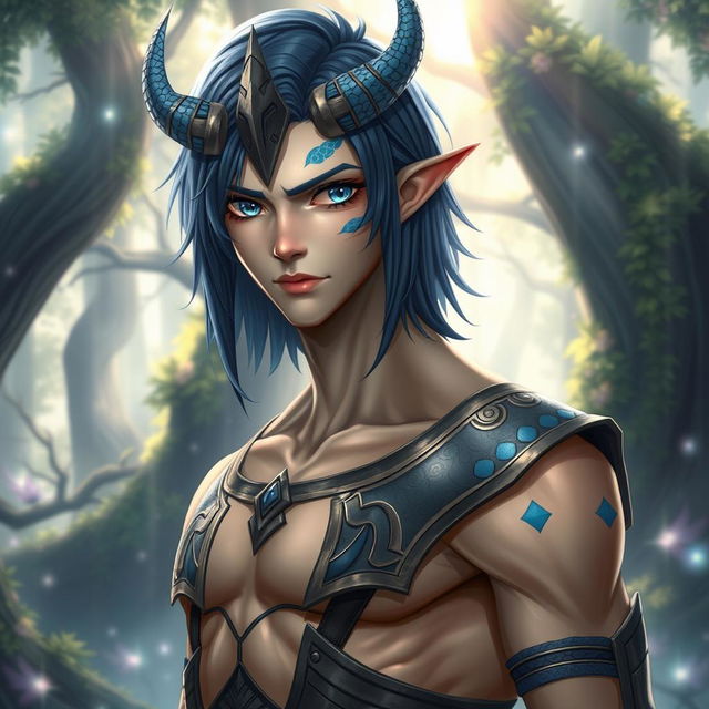 A male Au Ra with medium length blue hair, featuring patches of blue scales on both sides of his head