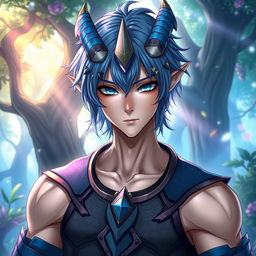 A male Au Ra with medium length blue hair, featuring patches of blue scales on both sides of his head