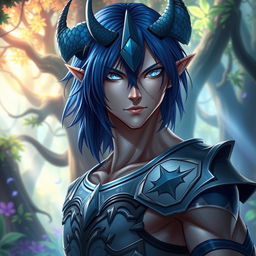 A male Au Ra with medium length blue hair, featuring patches of blue scales on both sides of his head