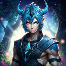 A male Au Ra with medium length blue hair, featuring patches of blue scales on both sides of his head