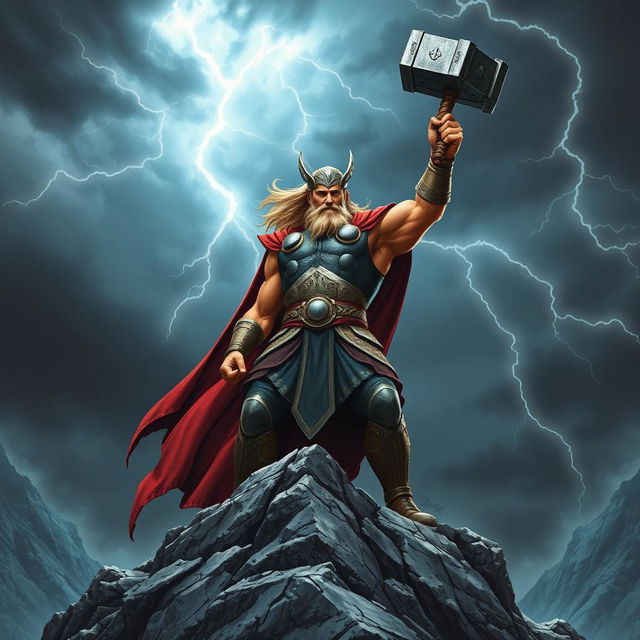 A powerful and majestic depiction of Thor, the Norse god of thunder, standing atop a rocky mountain peak