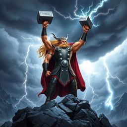 A powerful and majestic depiction of Thor, the Norse god of thunder, standing atop a rocky mountain peak