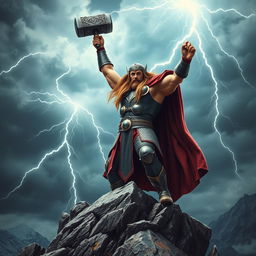 A powerful and majestic depiction of Thor, the Norse god of thunder, standing atop a rocky mountain peak