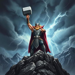 A powerful and majestic depiction of Thor, the Norse god of thunder, standing atop a rocky mountain peak