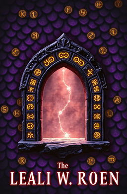 A fantasy novel cover featuring a background of dark purple dragon scales adorned with glowing rune markings