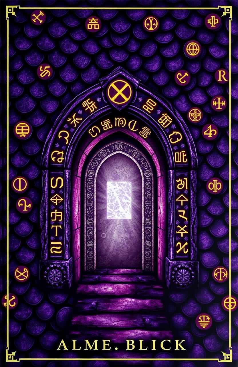 A fantasy novel cover featuring a background of dark purple dragon scales adorned with glowing rune markings