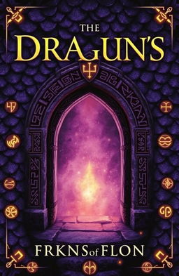 A fantasy novel cover featuring a background of dark purple dragon scales adorned with glowing rune markings