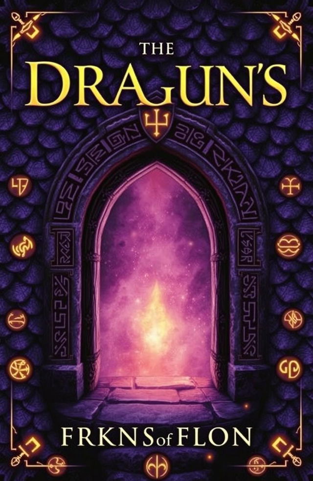 A fantasy novel cover featuring a background of dark purple dragon scales adorned with glowing rune markings
