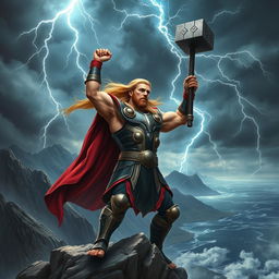 A dramatic scene featuring Thor, the Norse god of thunder, standing valiantly atop a rocky cliff, gripping his iconic hammer, Mjolnir, raised triumphantly towards a stormy sky filled with dark clouds and flashes of lightning