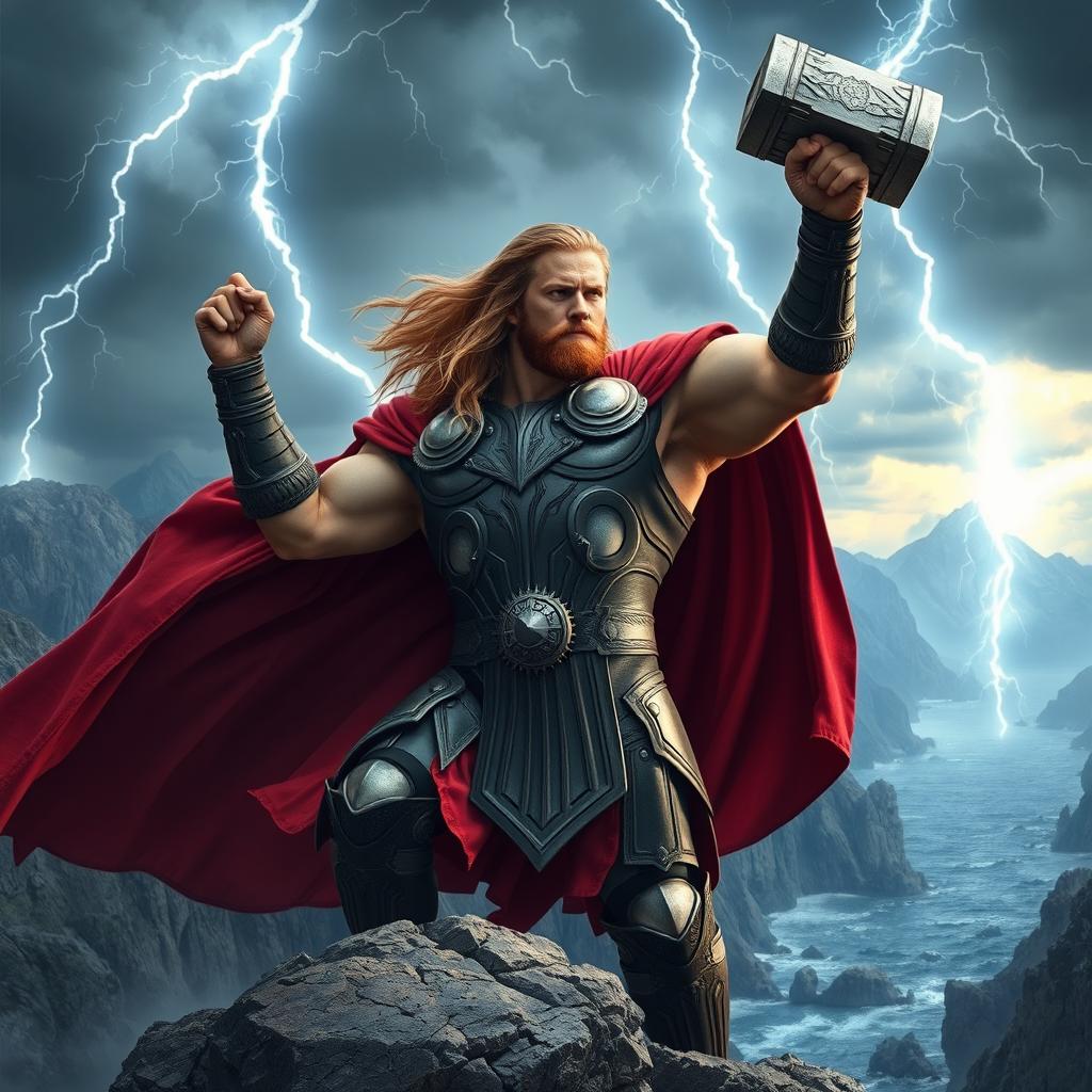 A dramatic scene featuring Thor, the Norse god of thunder, standing valiantly atop a rocky cliff, gripping his iconic hammer, Mjolnir, raised triumphantly towards a stormy sky filled with dark clouds and flashes of lightning