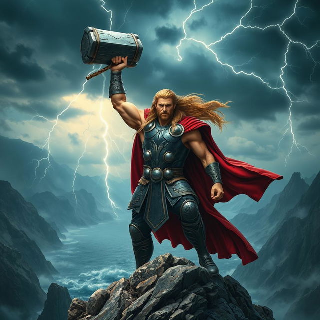 A dramatic scene featuring Thor, the Norse god of thunder, standing valiantly atop a rocky cliff, gripping his iconic hammer, Mjolnir, raised triumphantly towards a stormy sky filled with dark clouds and flashes of lightning