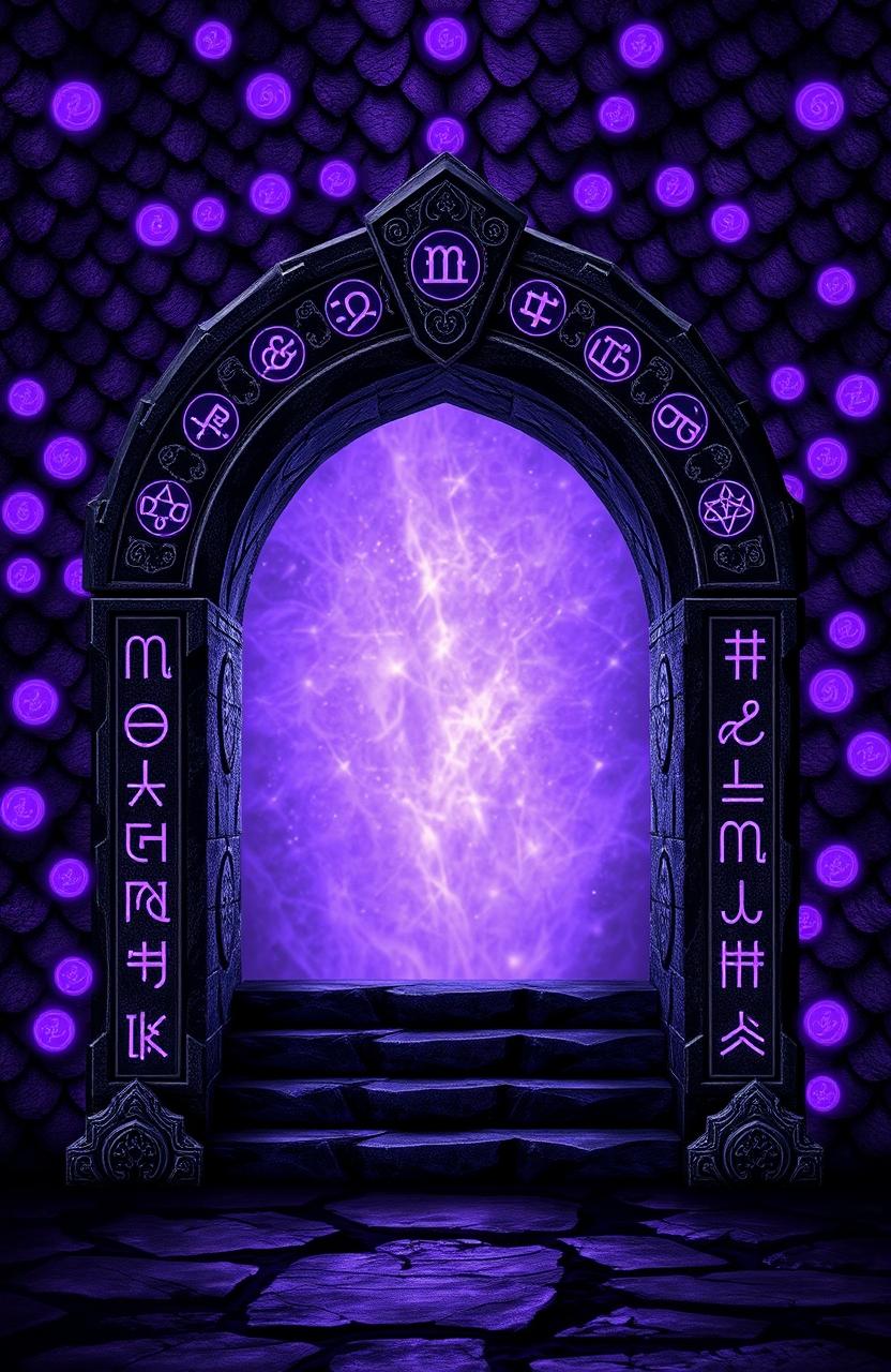 A stunning fantasy art novel cover featuring a background of dark purple dragon scales adorned with glowing light purple rune markings