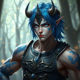 A male Au Ra character with medium length blue hair, adorned with patches of blue scales on his jaw, arms, and neck