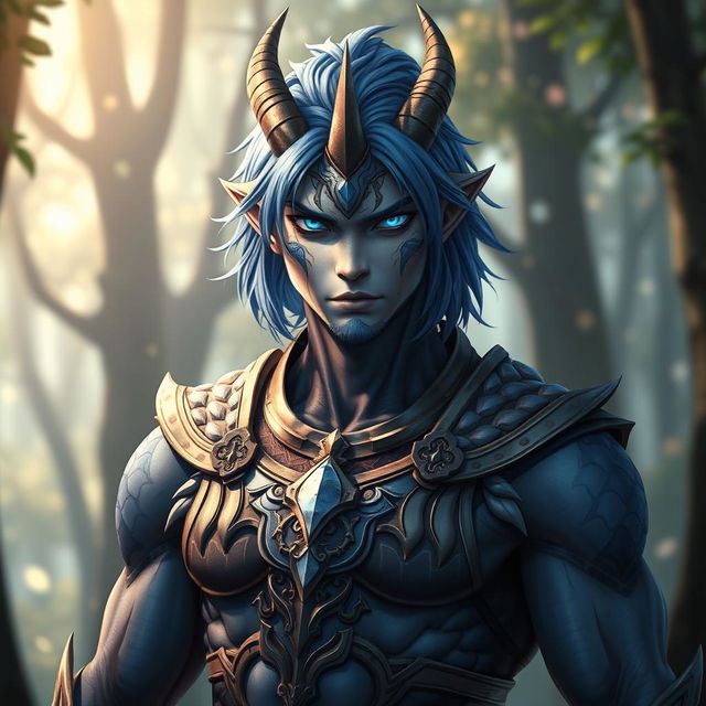 A male Au Ra character with medium length blue hair, adorned with patches of blue scales on his jaw, arms, and neck
