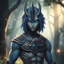 A male Au Ra character with medium length blue hair, adorned with patches of blue scales on his jaw, arms, and neck