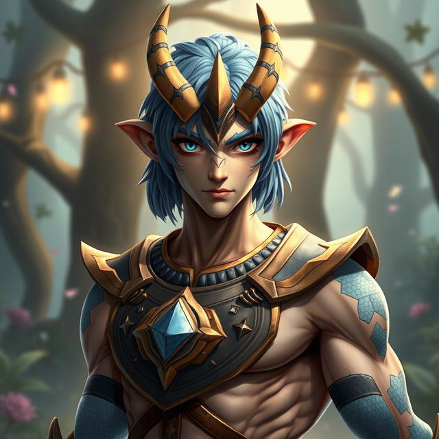 A male Au Ra character with medium length blue hair and patches of blue scales on his jaw, arms, and neck