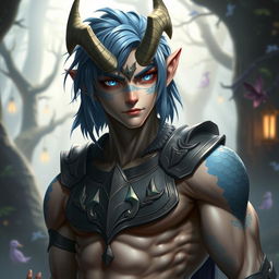 A male Au Ra character with medium length blue hair and patches of blue scales on his jaw, arms, and neck