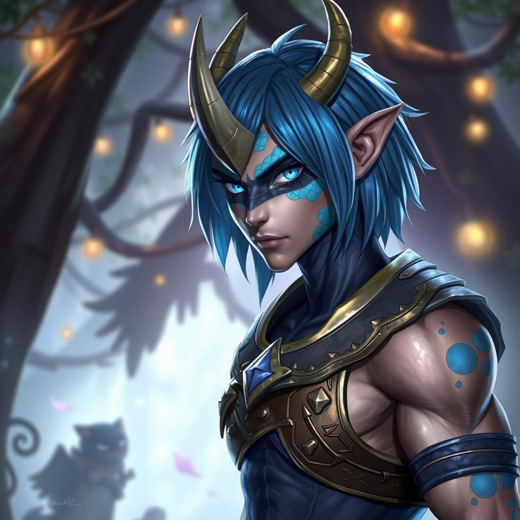 A male Au Ra character with medium length blue hair and patches of blue scales on his jaw, arms, and neck