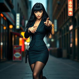 A beautiful and stunning girl with long black hair and sparkly blue eyes is depicted in a full-length view, confidently walking toward the viewer