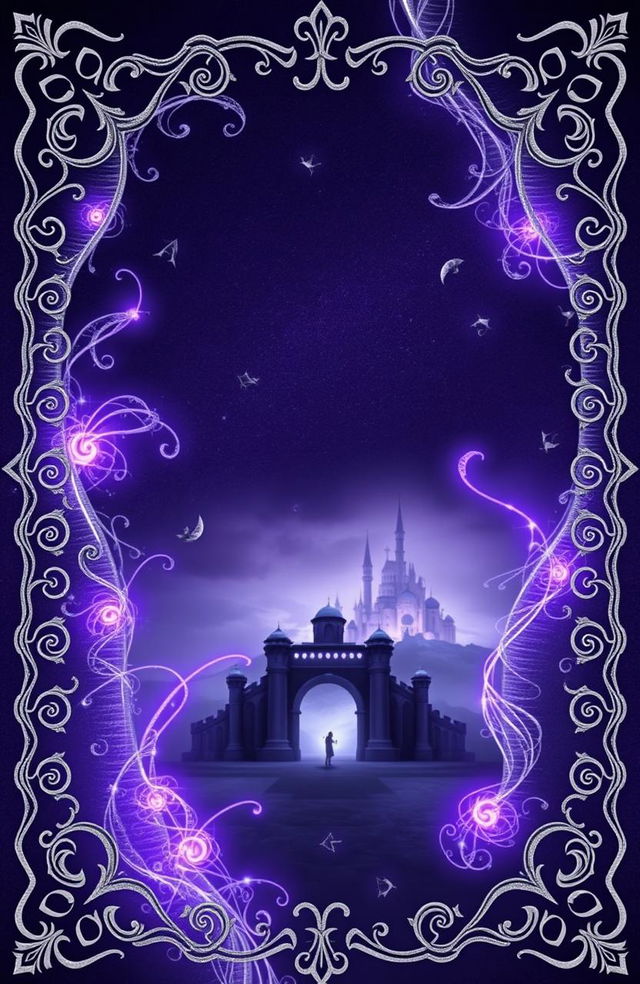 A fantasy art novel cover featuring an ornate silver filigree border, with delicate whisps of silver swirling across a dark purple background resembling dragon scales