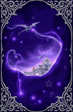 A fantasy art novel cover featuring an ornate silver filigree border, with delicate whisps of silver swirling across a dark purple background resembling dragon scales