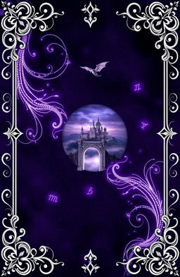 A fantasy art novel cover featuring an ornate silver filigree border, with delicate whisps of silver swirling across a dark purple background resembling dragon scales