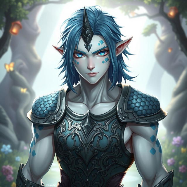 A male human character with white skin and medium length blue hair, featuring patches of blue scales on his jaw, arms, and neck