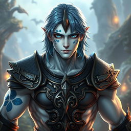 A male human character with white skin and medium length blue hair, featuring patches of blue scales on his jaw, arms, and neck