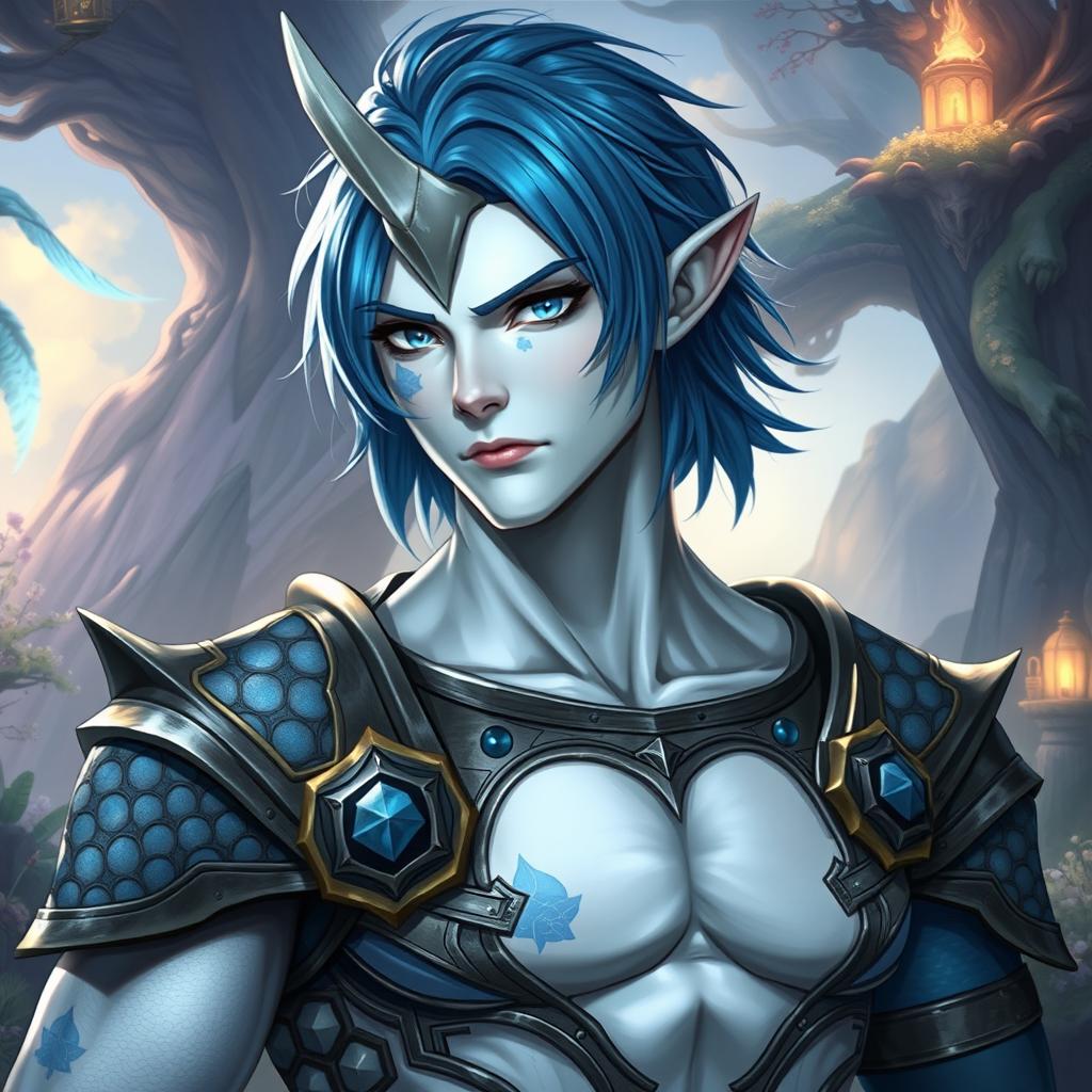A male human character with white skin and medium length blue hair, featuring patches of blue scales on his jaw, arms, and neck