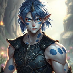 A male human character with white skin and medium length blue hair, featuring patches of blue scales on his jaw, arms, and neck