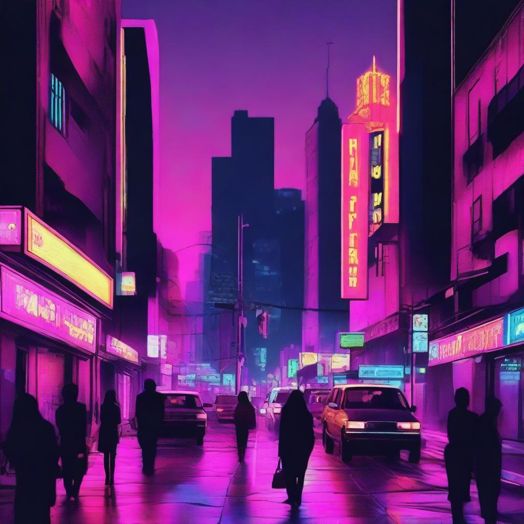 This is a high-quality digital art image that depicts a cityscape at night, aptly named 'Heartbreak City'