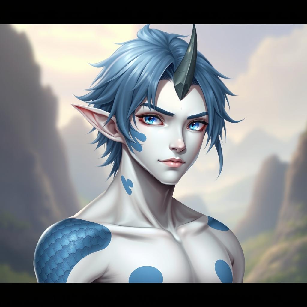 A male human character with white skin and medium length blue hair, accented by patches of blue scales on his jaw, arms, and neck