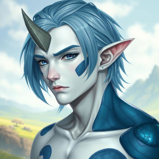 A male human character with white skin and medium length blue hair, accented by patches of blue scales on his jaw, arms, and neck