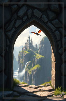 A fantasy art novel cover featuring a small, intricately designed obsidian archway
